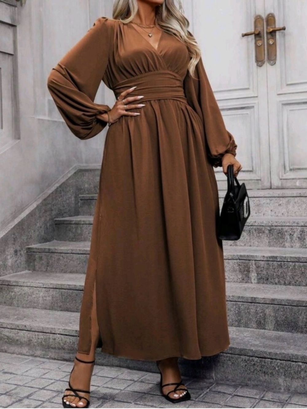 NEW Chic Ruched Waist Lantern Sleeve Maxi Dress PLUS Mocha Brown